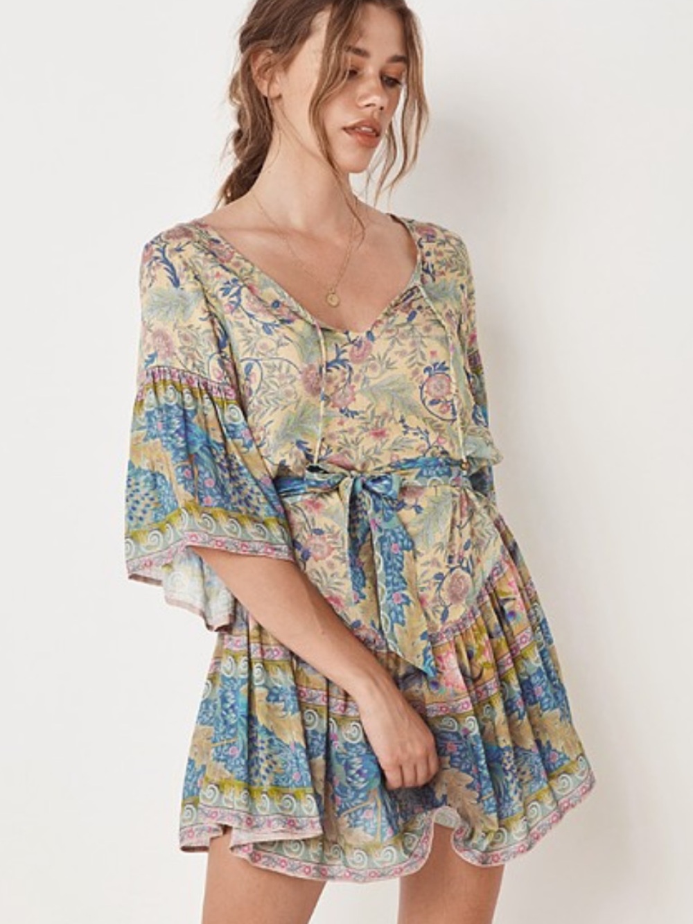 Floral Boho Tie-Waist Mini Dress / Pool Cover Up in Pastel Yellow and Blue